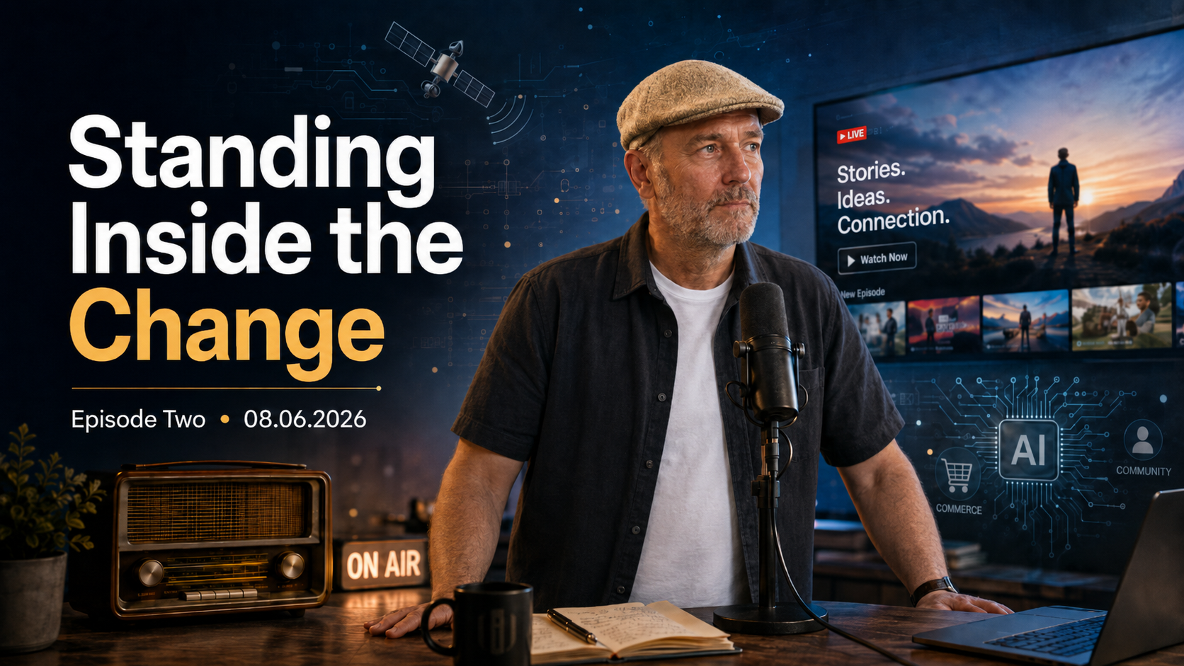 Jim stands at a broadcast microphone beside a vintage radio for Standing Inside the Change, Episode Two.