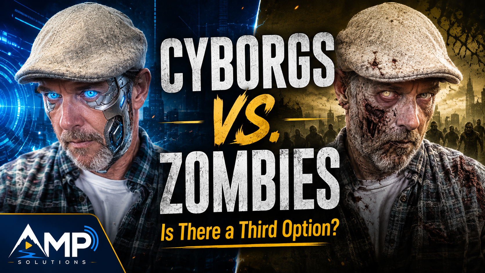 Cyborg and zombie versions of Jim Bumgardner face off for AMP Episode 2.1, Cyborgs vs. Zombies: Is There a Third Option?